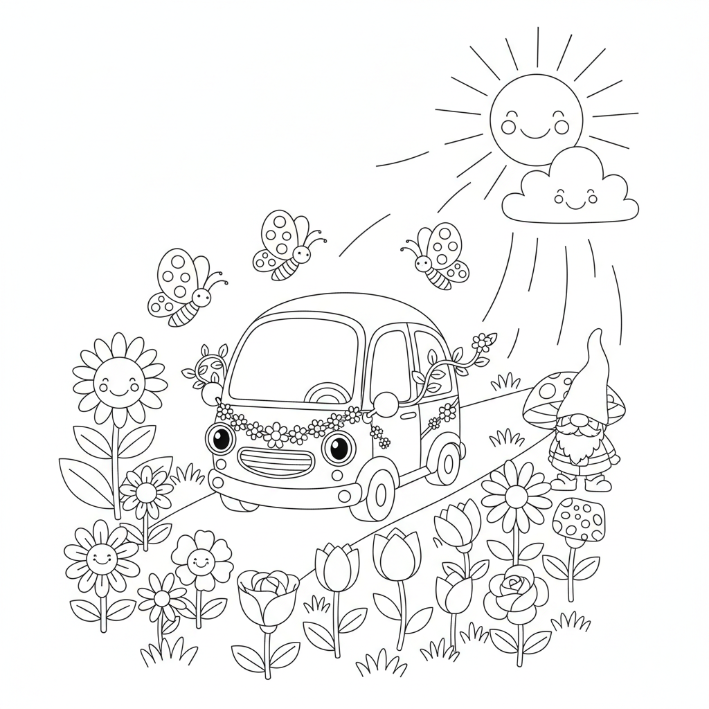 A cute vehicle scene in a garden with flowers and sunshine