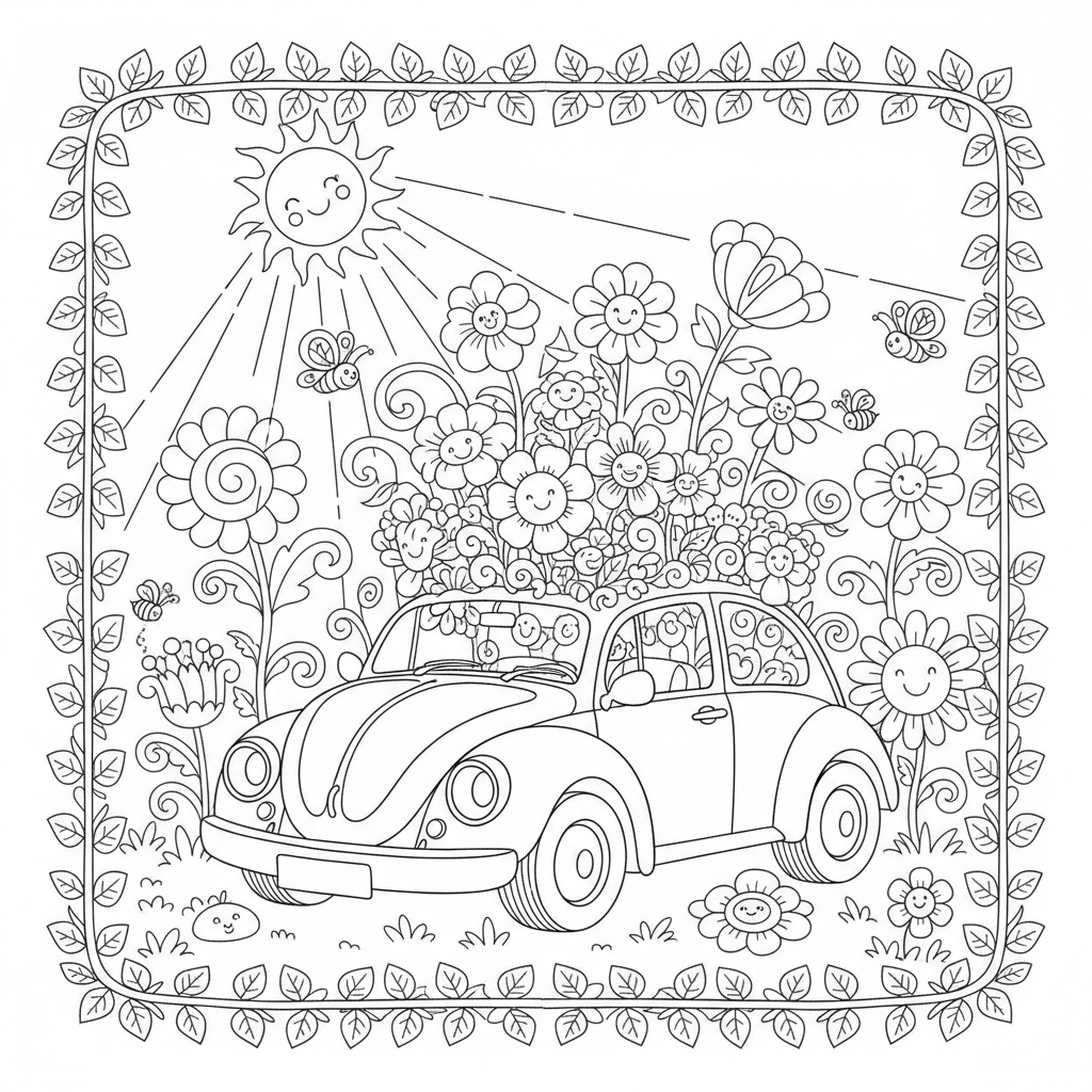 A cute vehicle scene in a garden with flowers and sunshine