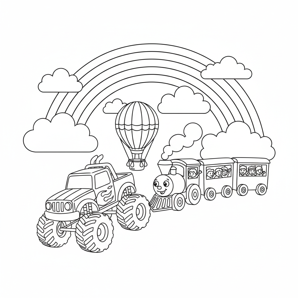 A vehicle themed scene with a rainbow and clouds