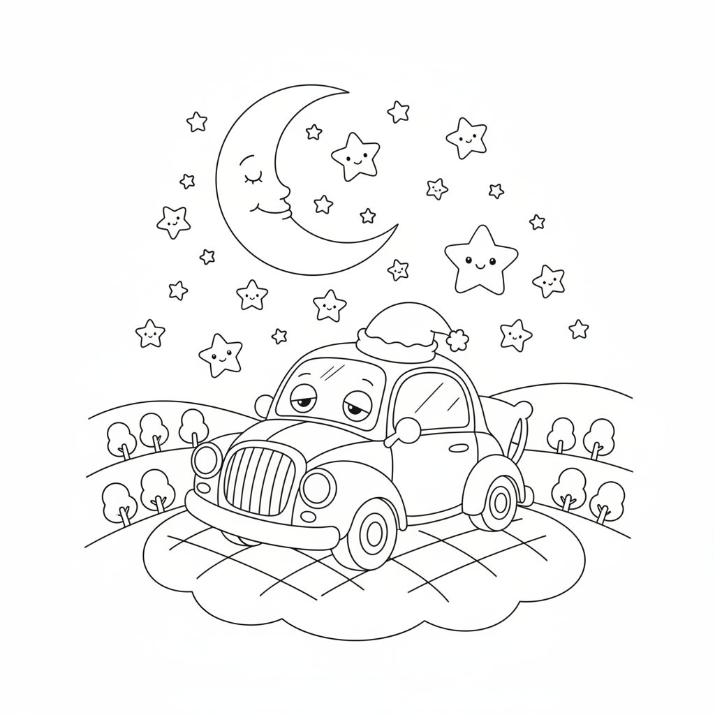 A cute vehicle bedtime scene with moon and stars