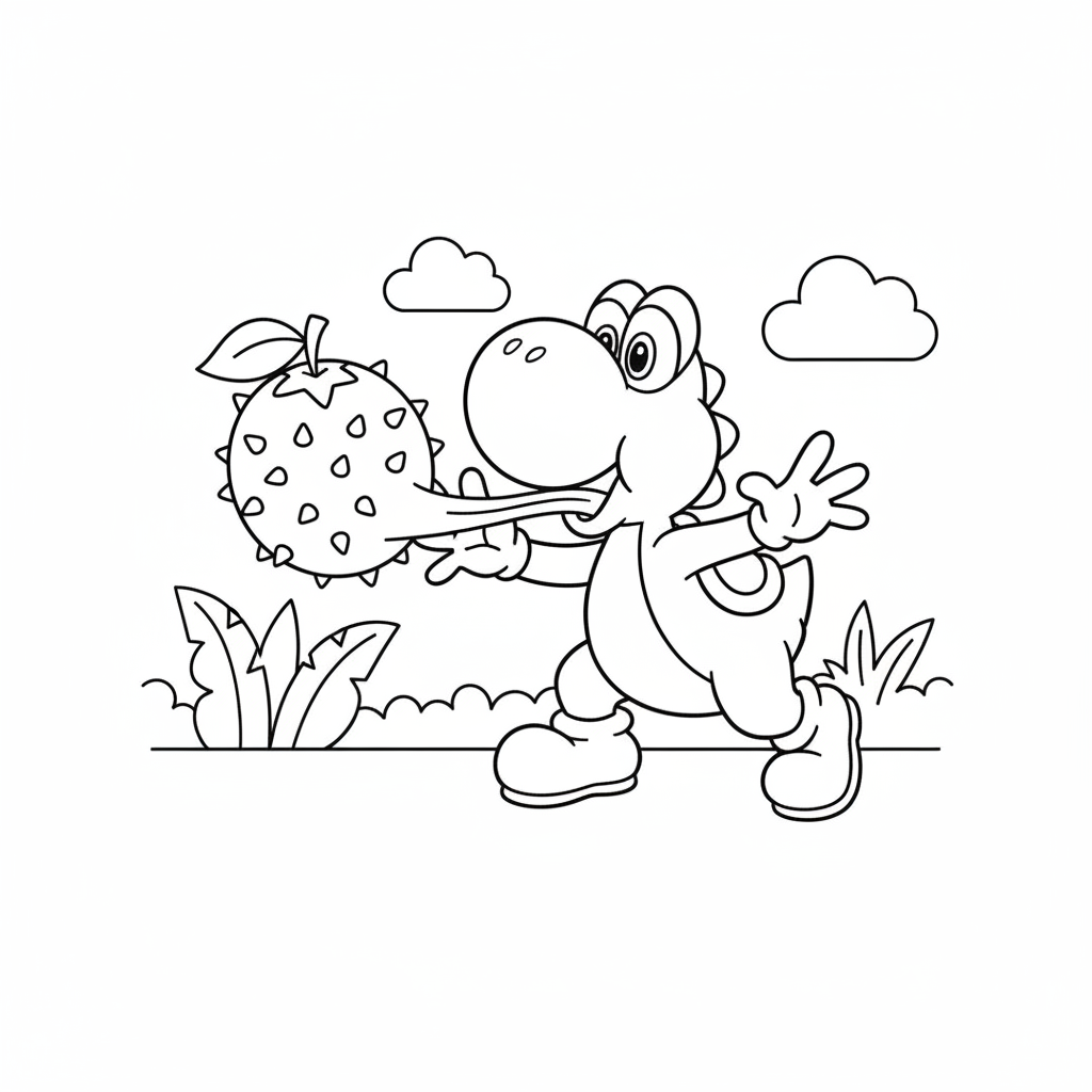 Green Yoshi sticking out tongue to grab a fruit