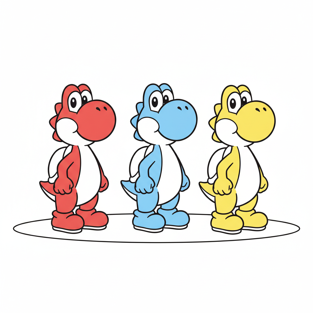Red Yoshi, Blue Yoshi, and Yellow Yoshi standing together