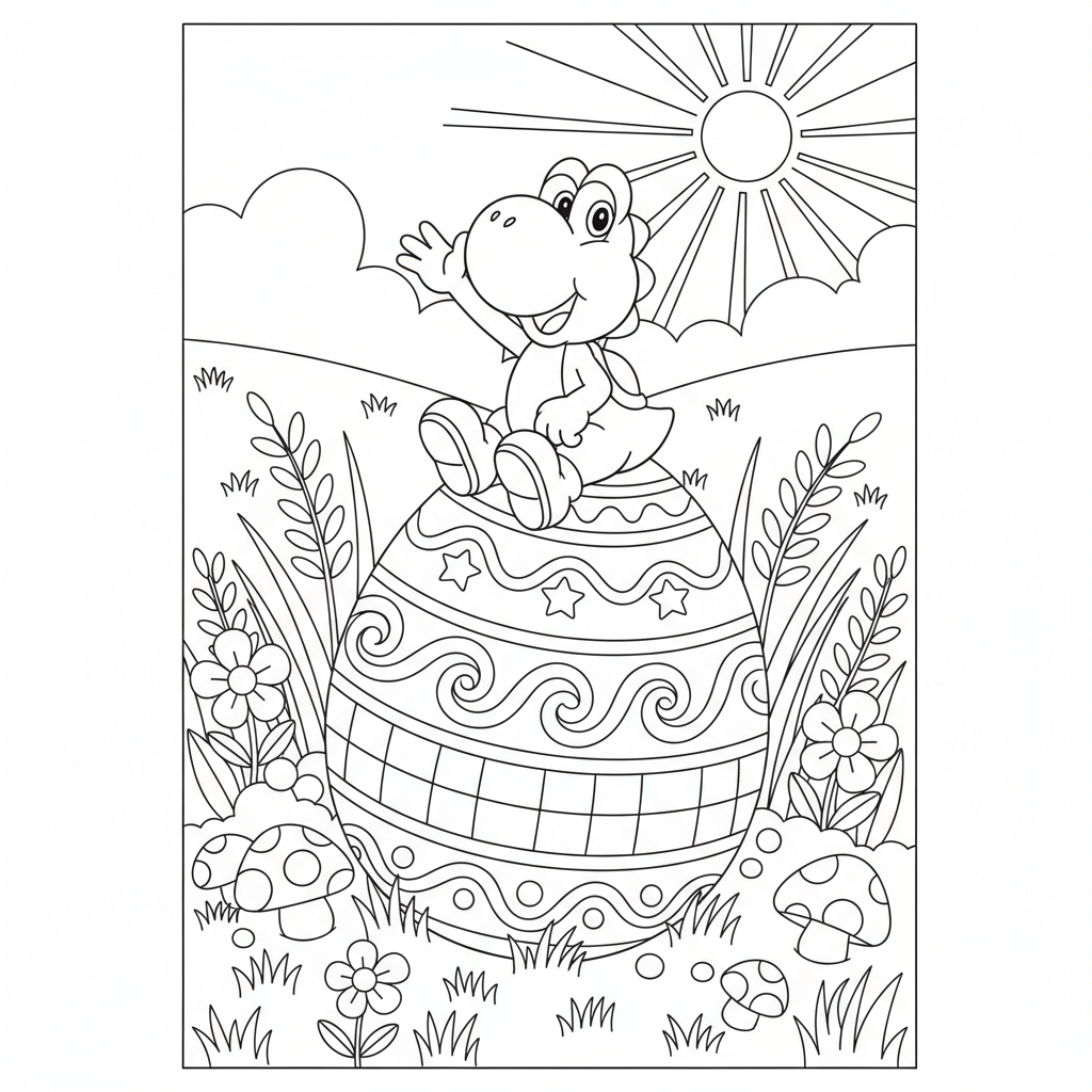 Yoshi sitting on a large decorated egg in a meadow