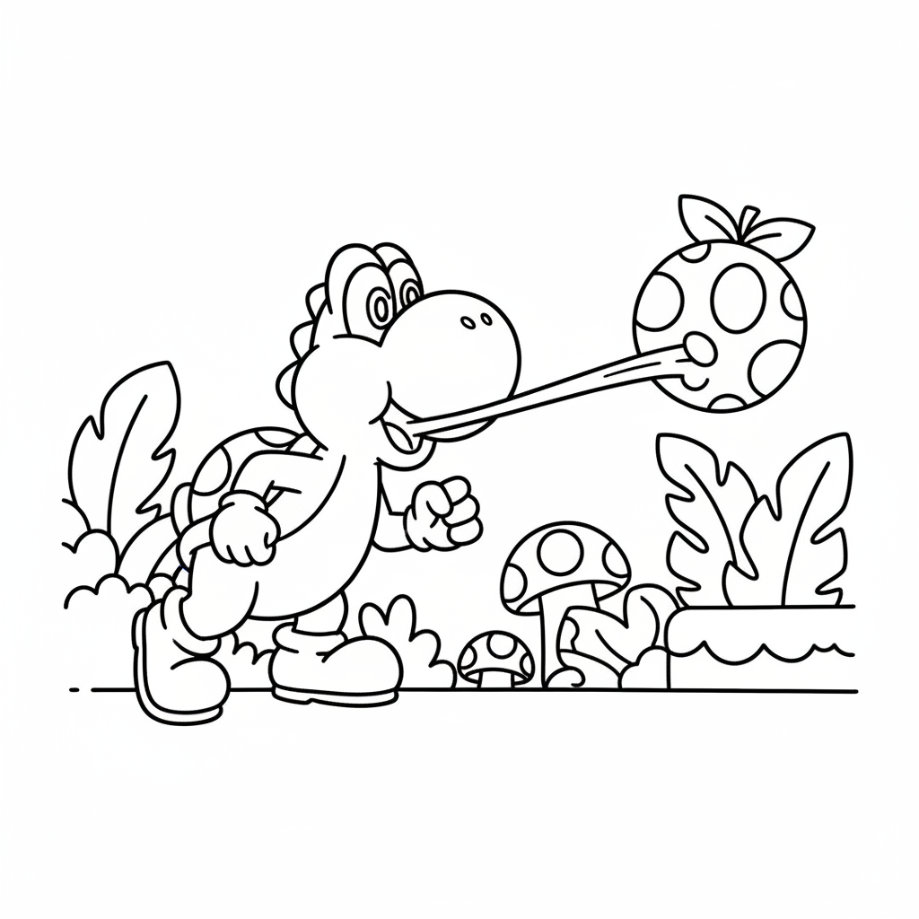 Green Yoshi sticking out tongue to grab a fruit