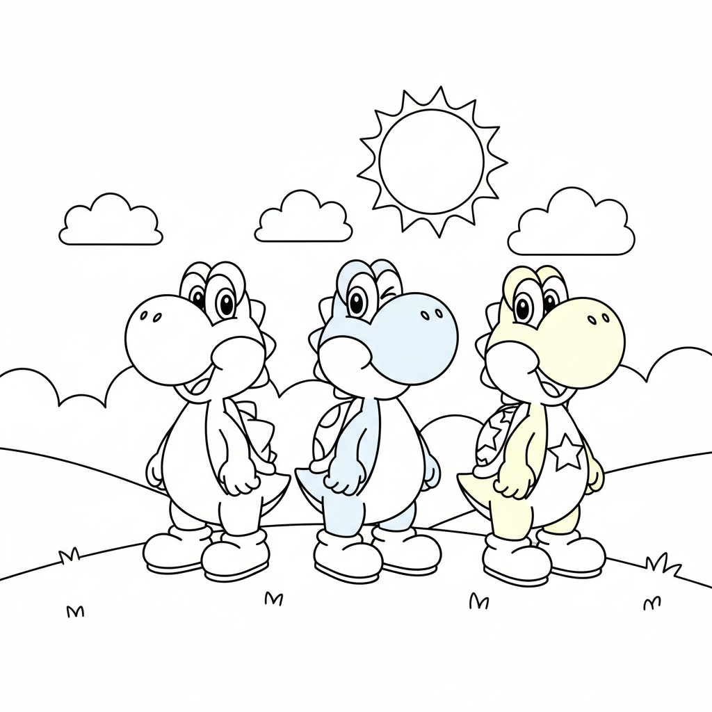 Red Yoshi, Blue Yoshi, and Yellow Yoshi standing together