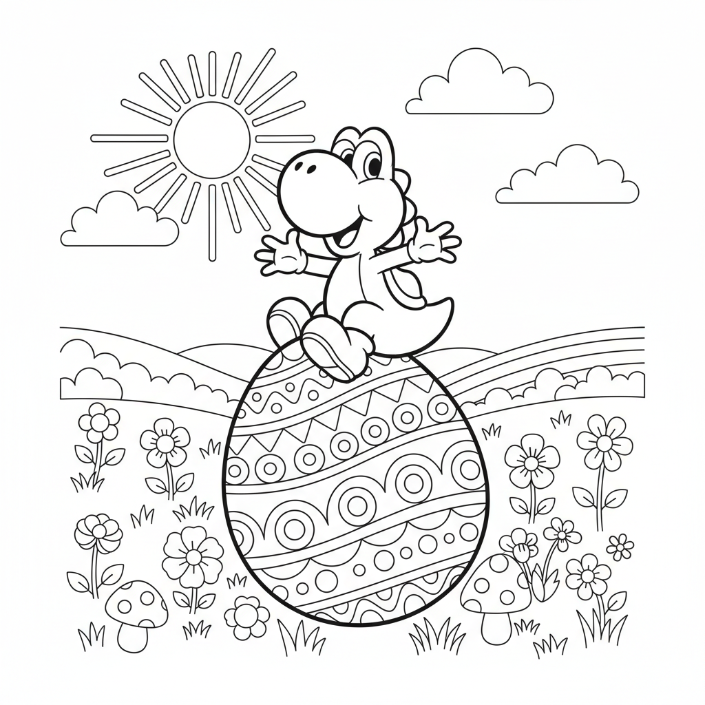 Yoshi sitting on a large decorated egg in a meadow