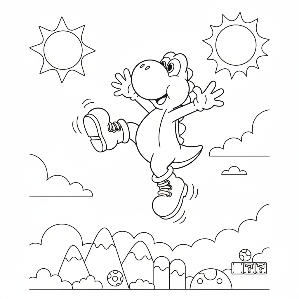 Yoshi doing a flutter jump high in the sky with boots