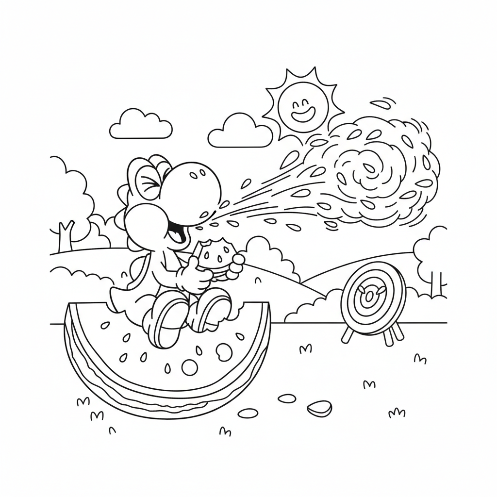 Yoshi eating watermelon seeds and spitting them as projectiles
